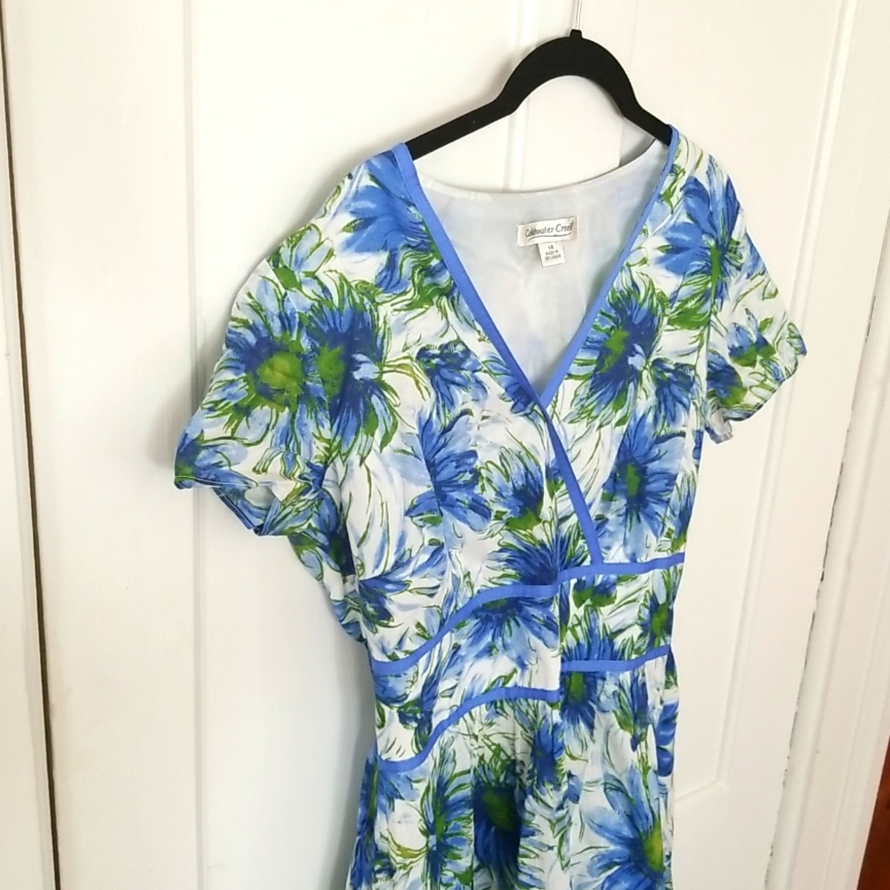 Coldwater Creek Blue Floral Farm cottage dress 14
